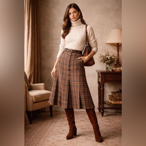 Vintage Valentino Boutique Wool Tweed Plaid Midi Skirt  Size 8 - Picture 2 of 8